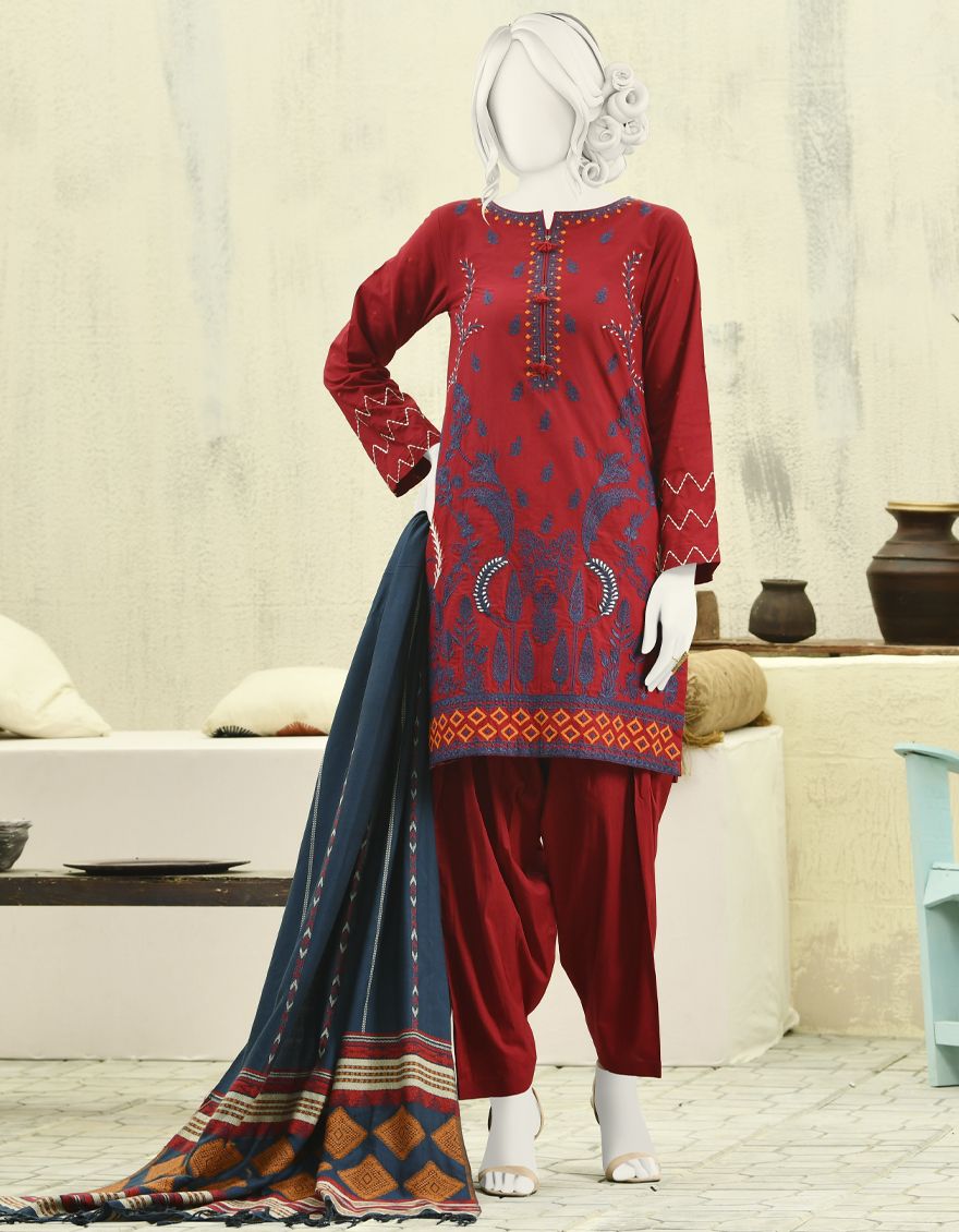 J. 03 PCS STITCHED SUIT / MAROON