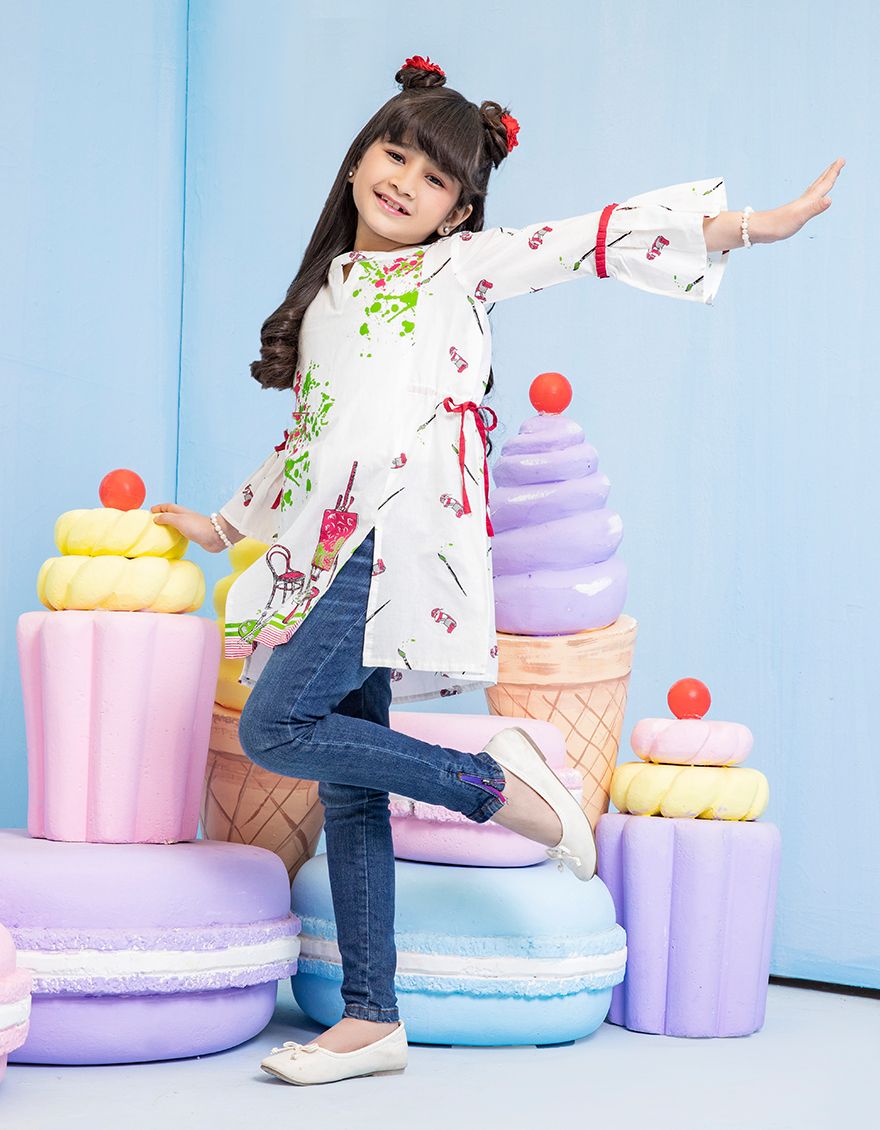 J. 0P1 PC STITCH KURTI GIRLS /OFF WHITE