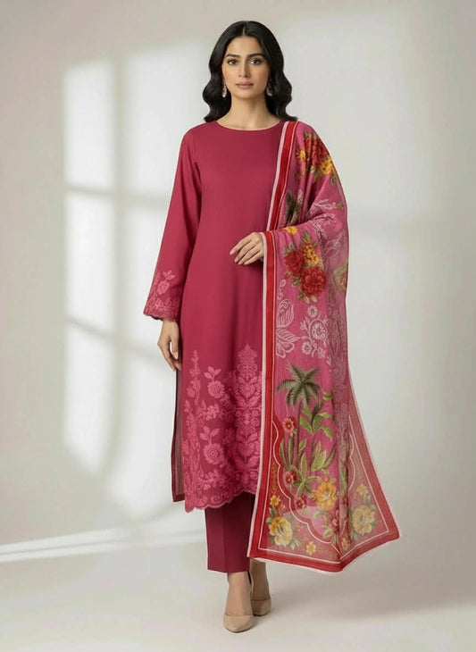 KHAADI 03 PC UNSTITCH SUIT / MAROON