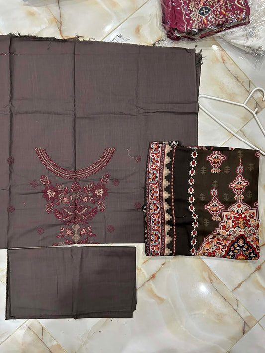khaadi 03 pc unstitch suit ./ brown