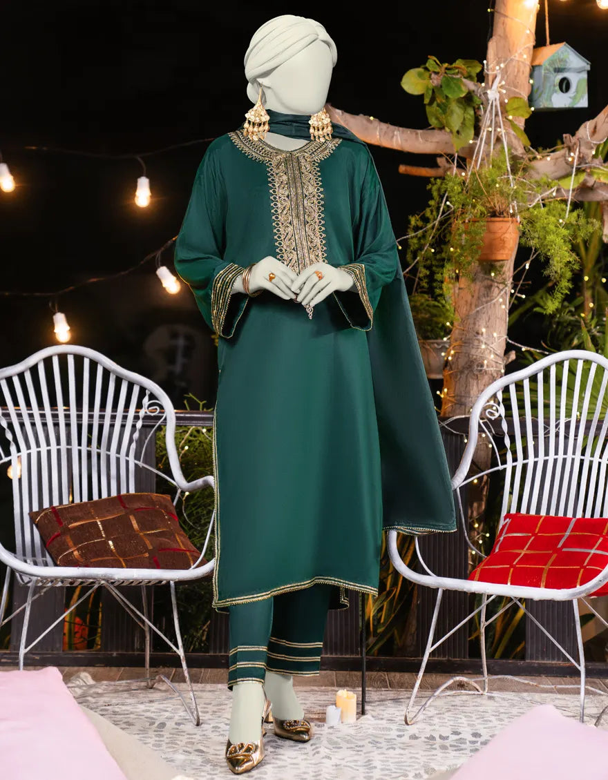 J. GREEN SILK EMBROIDERED 3PC STITCHED (JLAWN-S-25-184/S GOTTA VINTAGE-03)