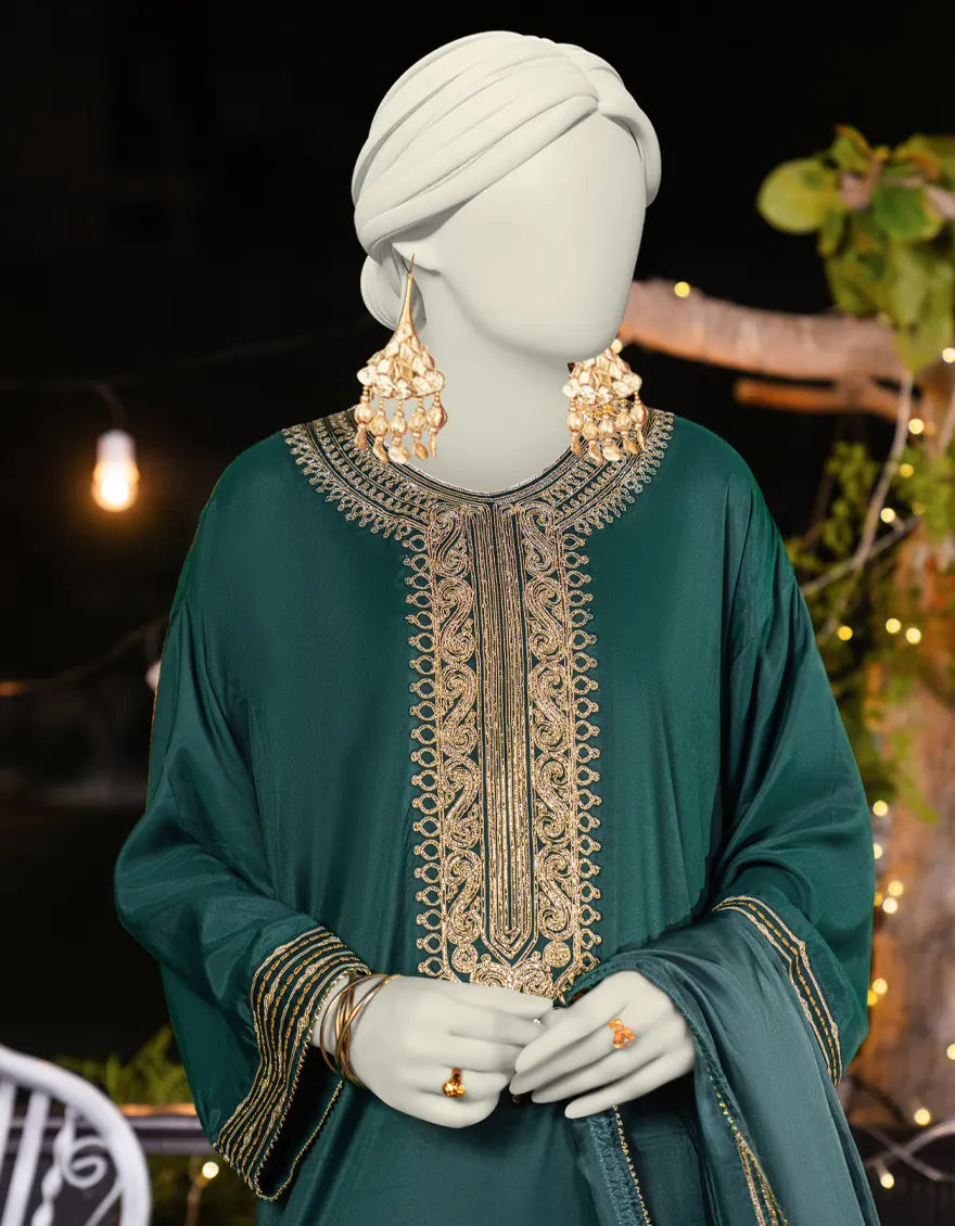 J. GREEN SILK EMBROIDERED 3PC STITCHED (JLAWN-S-25-184/S GOTTA VINTAGE-03)