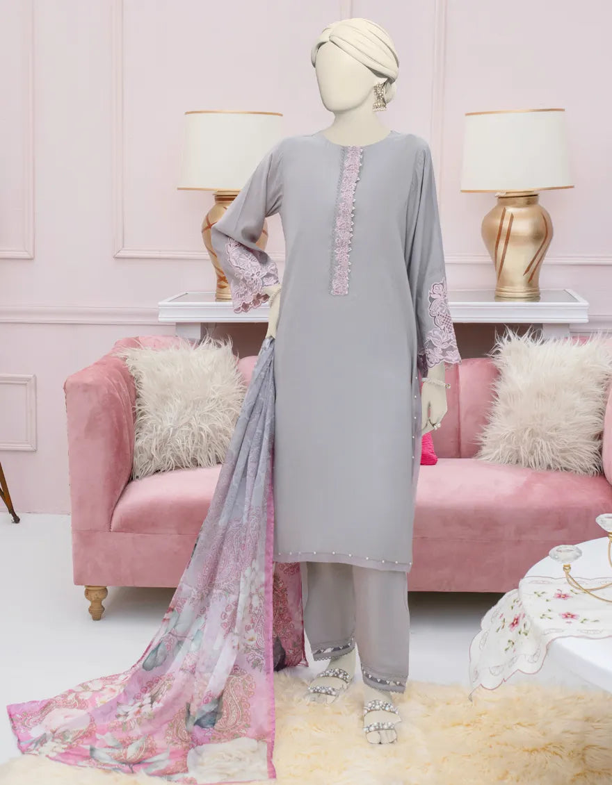 GREY SILK EMBROIDERED 3PC STITCHED