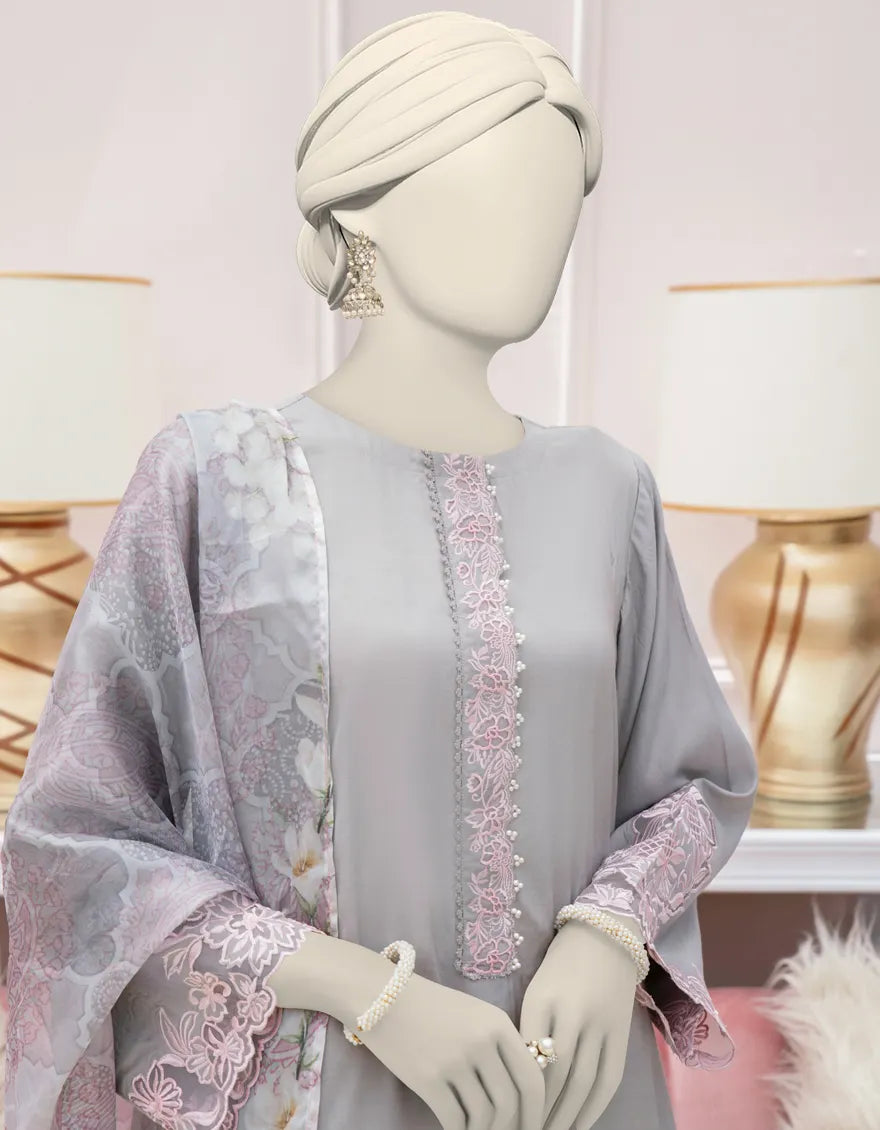 GREY SILK EMBROIDERED 3PC STITCHED