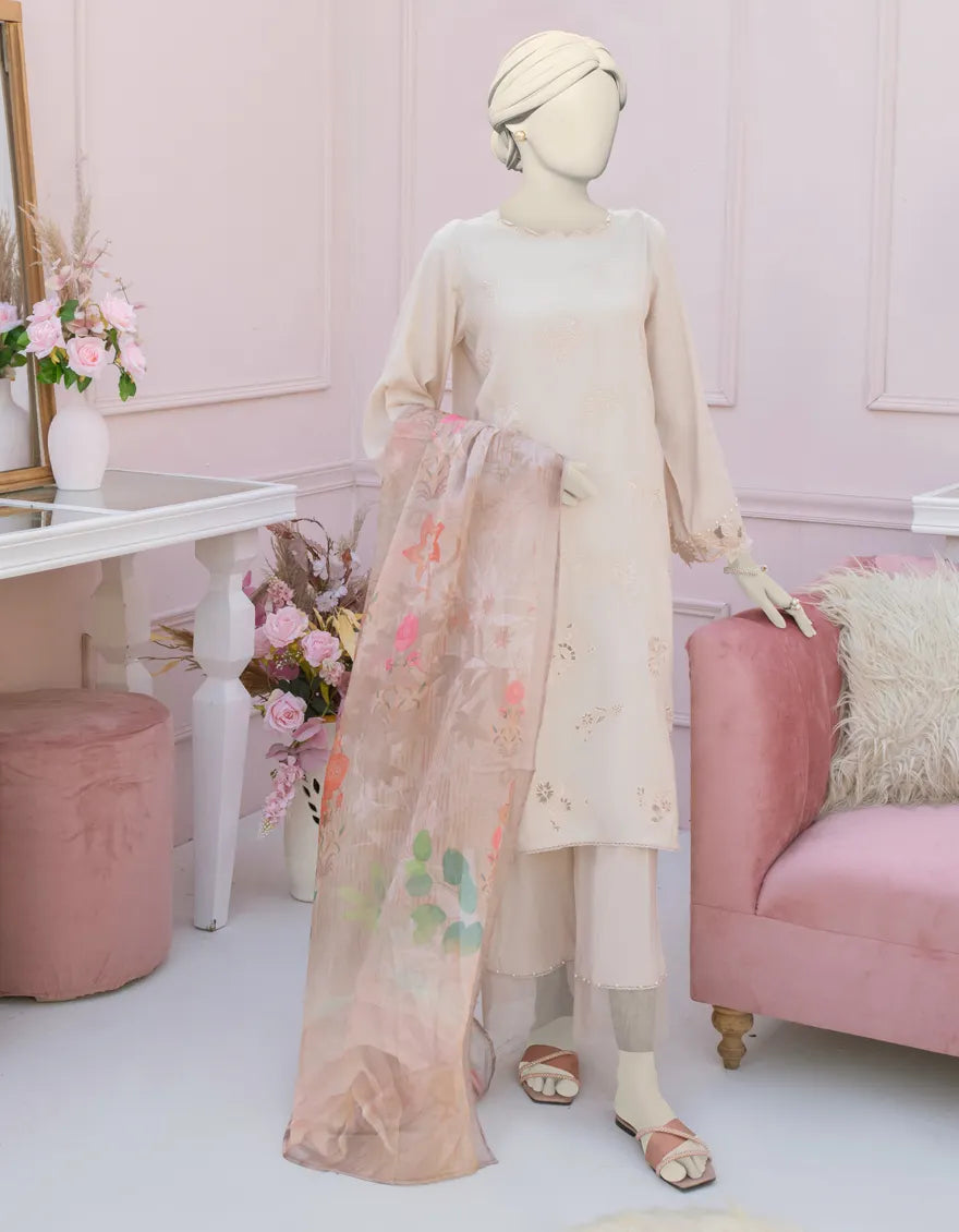 BEIGE SILK EMBROIDERED 2PC STITCHED J.