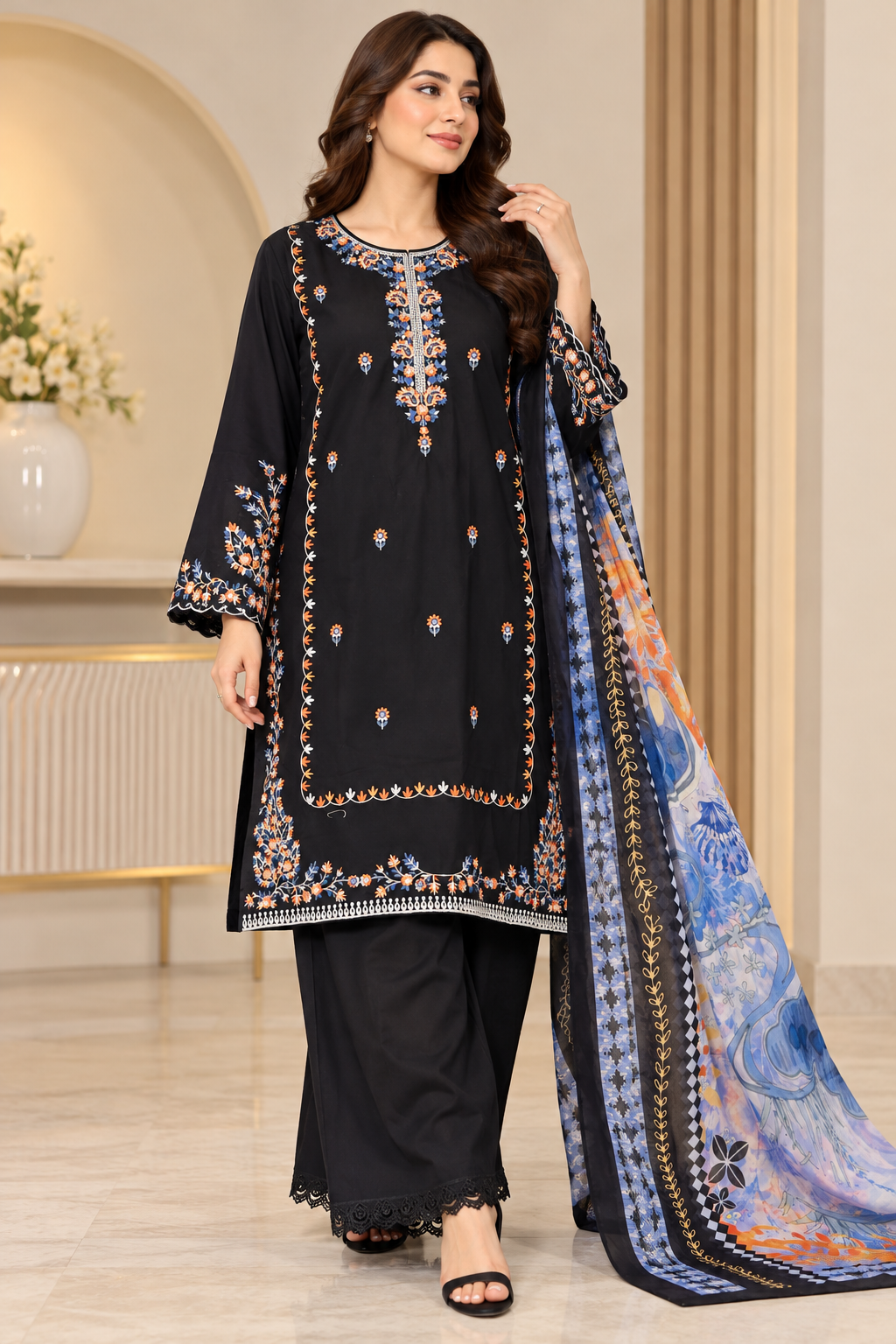 Dhanak 3PC stitched silk bridal suit 2581 with heavy embroidery and silk floral shawl