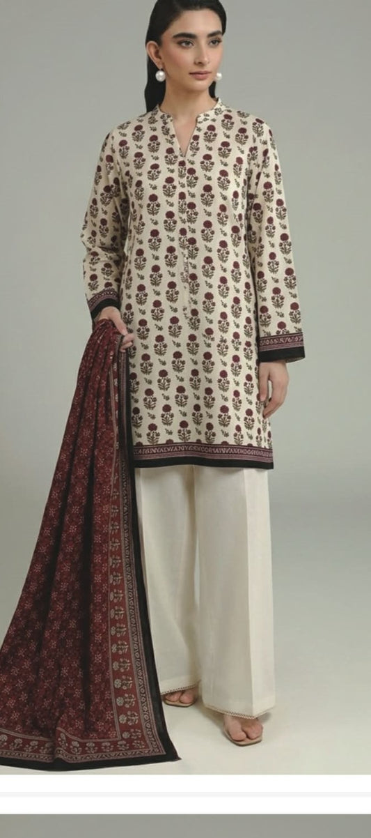 KHAADI 03 PC UNNSTITCH SUIT / CREAM