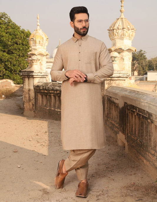 J.KURTA PAJAMA-STITCH/MEN-MUDBROWN