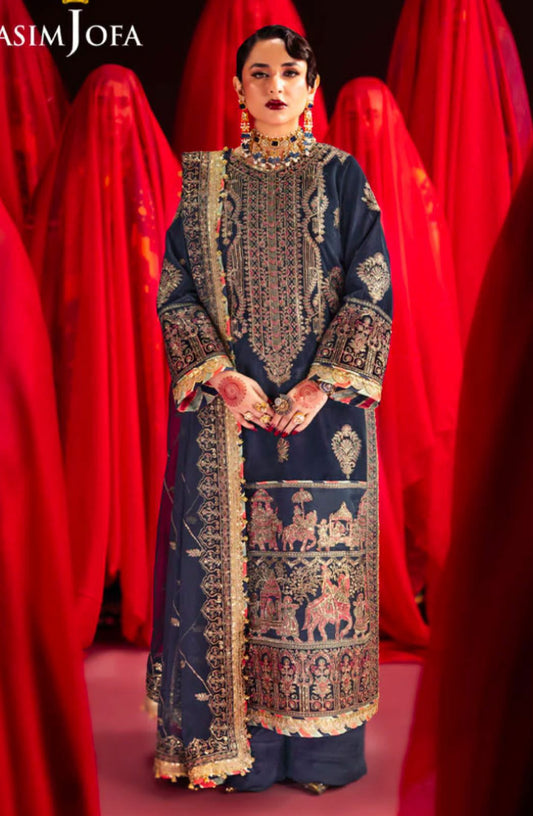 ASIM JOFA VELVET 03 PC STITCH SUIT / NAVY