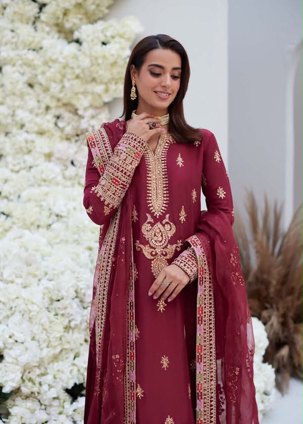 MINA HASAN 03 PC UNSTITCH SUIT / MAROON SILK