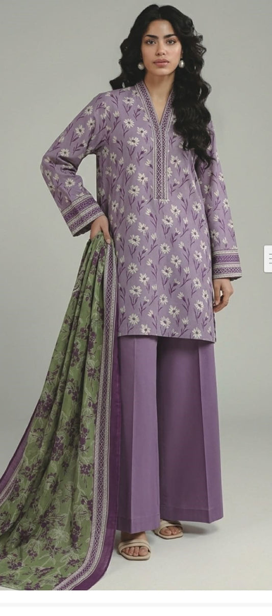 KHAADI 03 PC UNSTITCH SUIT / PURPLE