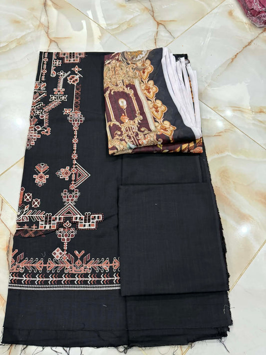 khaadi 03 pc unstitch suit / black