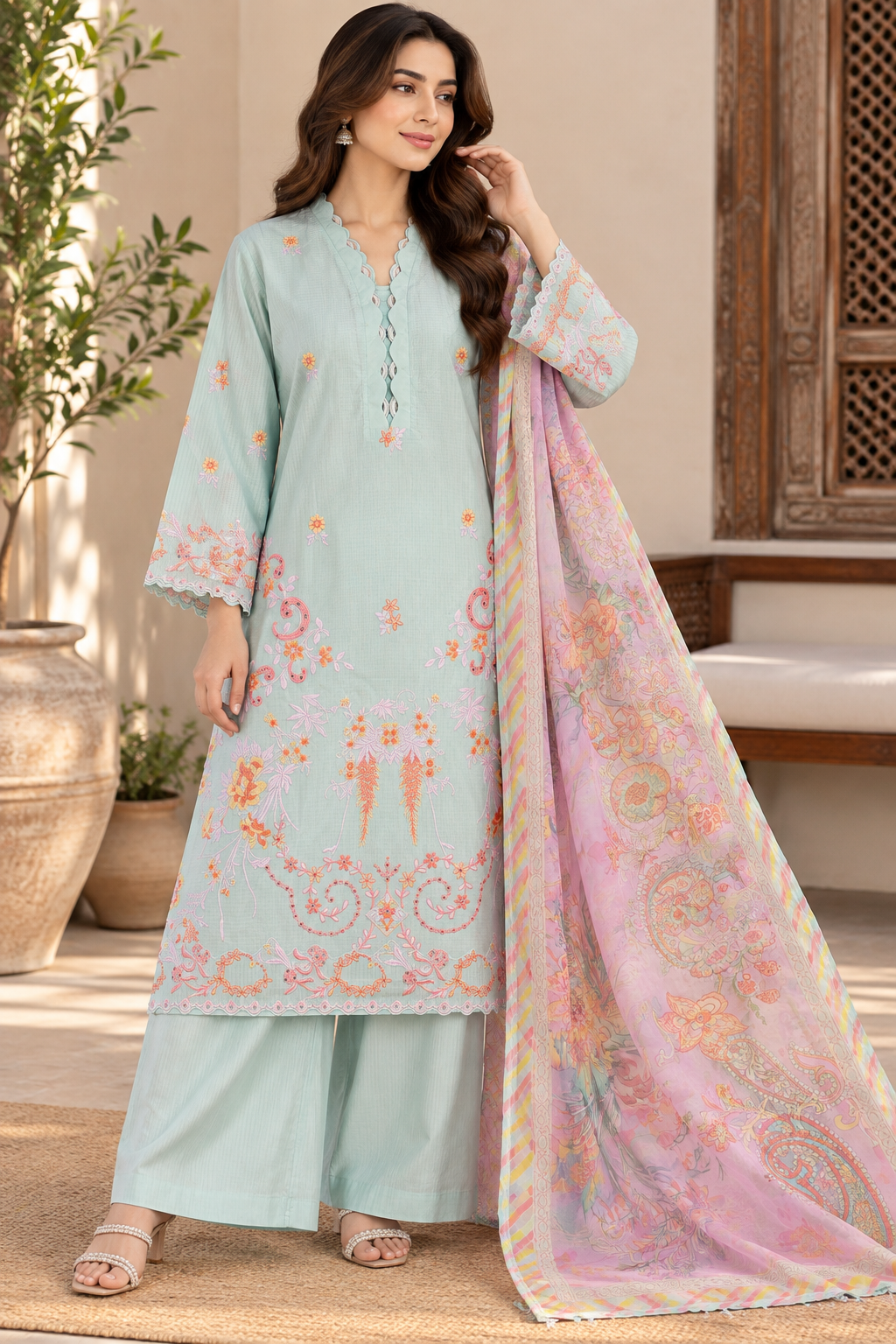 BONANZA SATRANGI 3PC  lawn luxury STITCH chicken Kari HEAVY FORMAL EMB