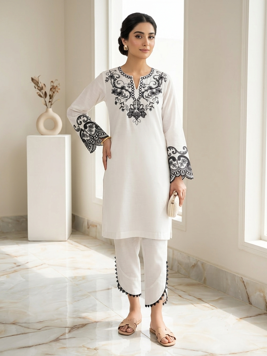 KHAADI STICH 2pc EMB WHITE BLACK