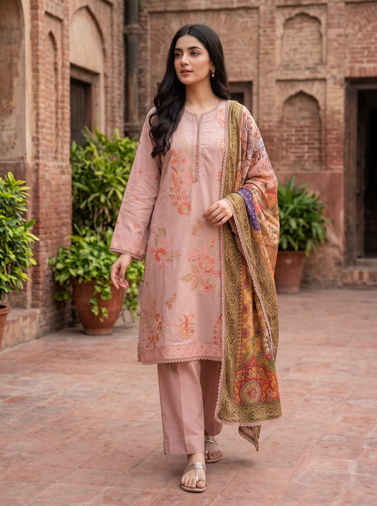 BONANZA SATRANGI 3PC (multi) lawn  3D luxury STITCH chicken kari with silk floral shawl