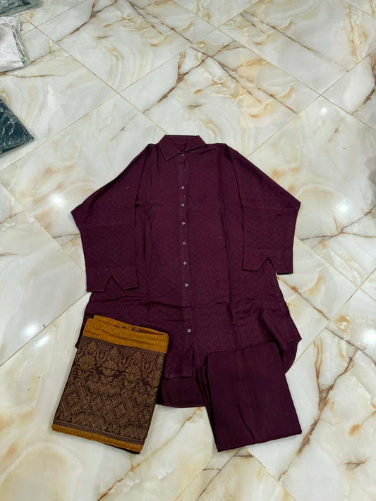 TAWAKAL 03 PC STITCH SUIT / MAROON