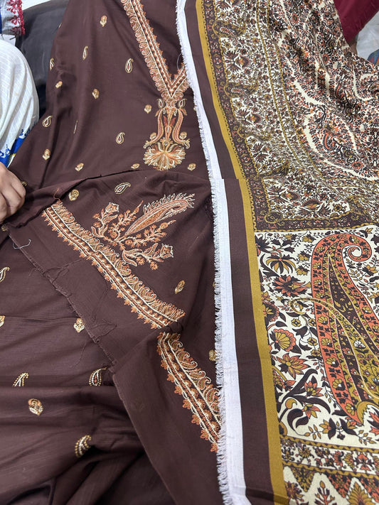 KHAADI 03 PC UNSTITCH SUIT / CHOCO BROWN