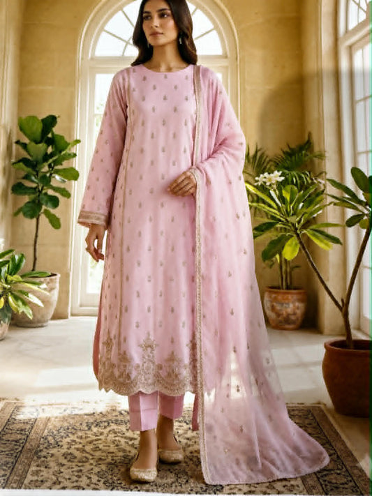 AL KARAM 03PC UNSTITCH EMB/ LIGHT PINK