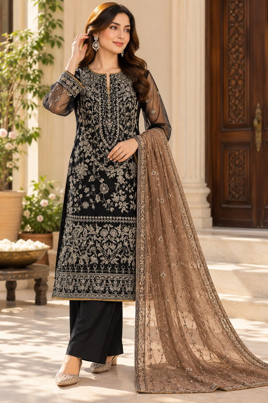 ASIM JOFA 03PC stitch luxury FORMAL(Net) heavy EMB/ BLACK