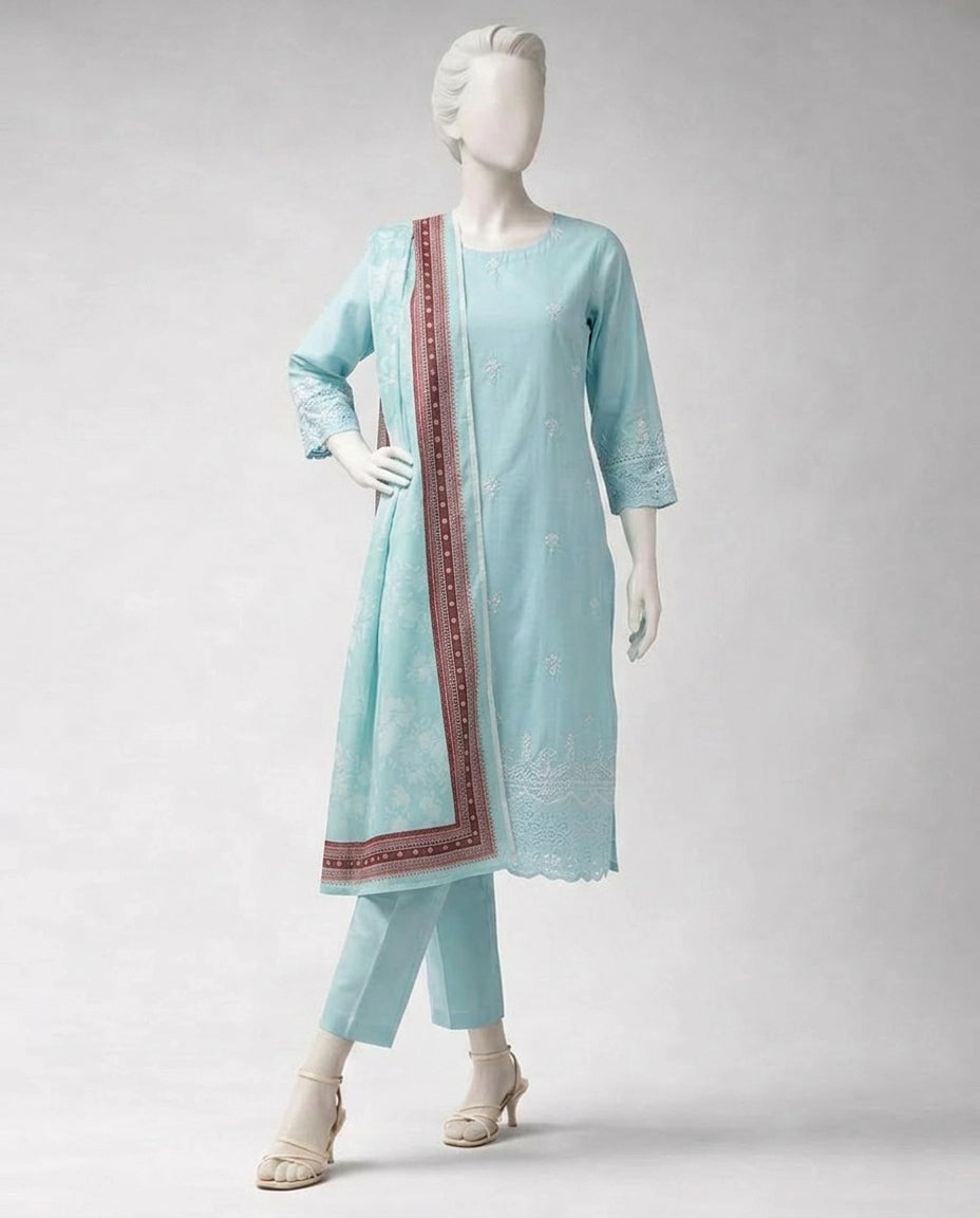 J. LAWN CHIKINKARI 03 PC UNSTITCH SUIT / SKY BLUE