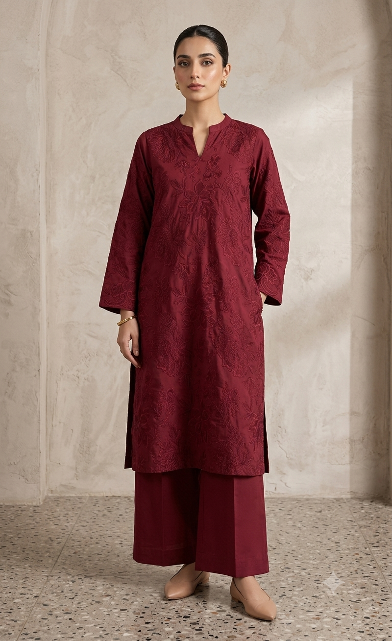 KHAADI 2PC EMB LAWN RED STITCH