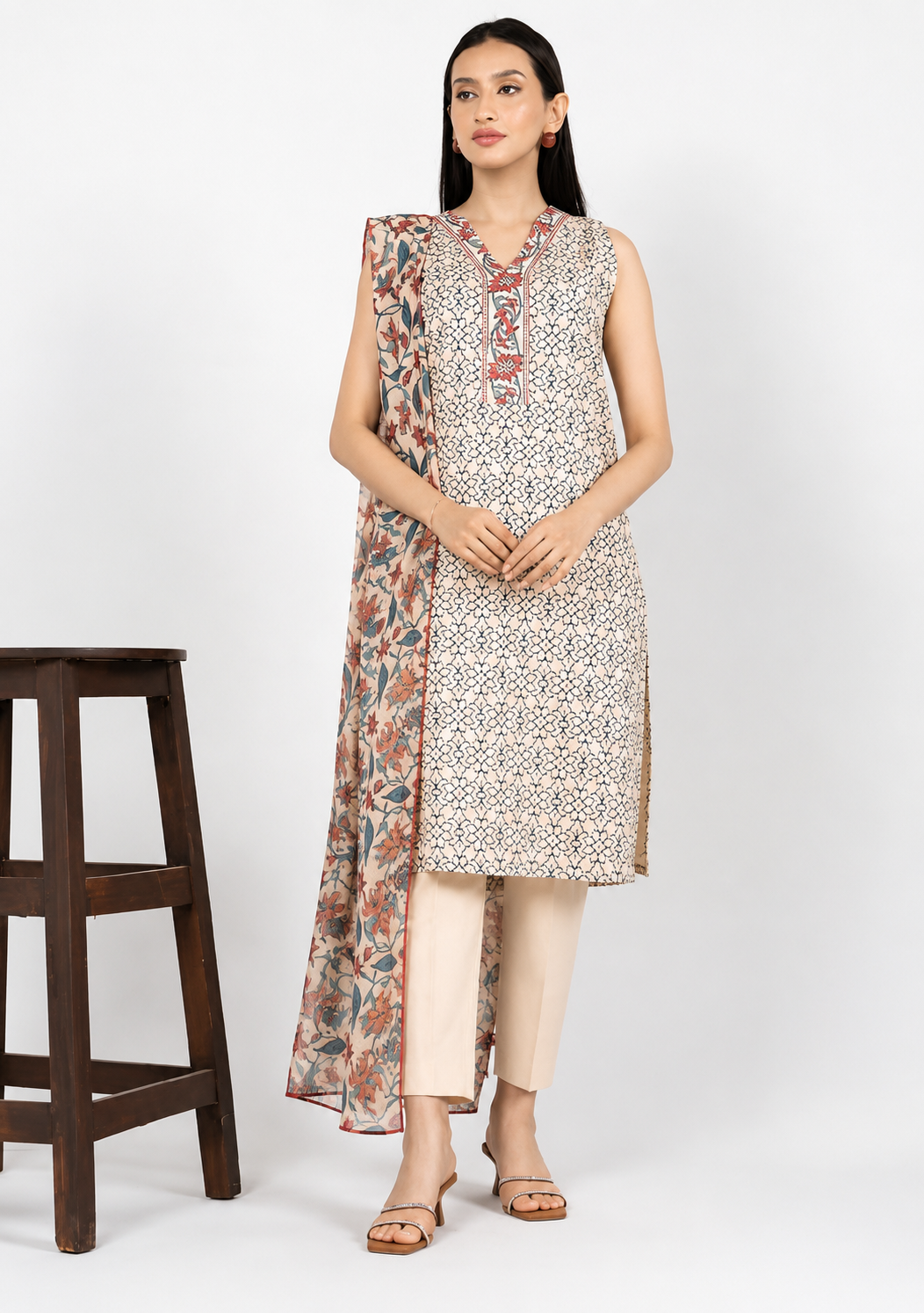AL KARAM 03 PC UNSTITCH SUIT / CREAM -47
