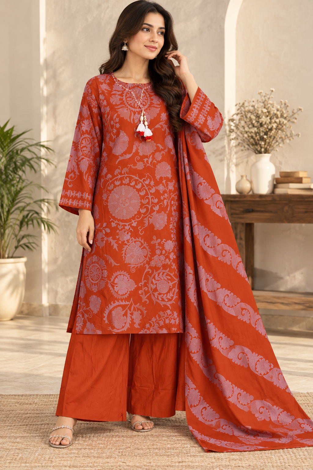 BONANZA SATRANGI 3PC linen  luxury gold jacquard STITCH with heavy jacquard linen shawl