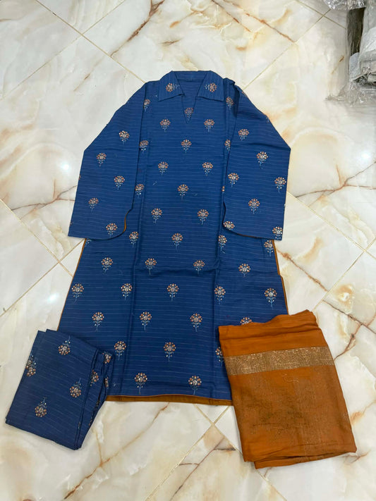 TAWAKAL 03 PC STITCH SUIT / BLUE -YELLOW