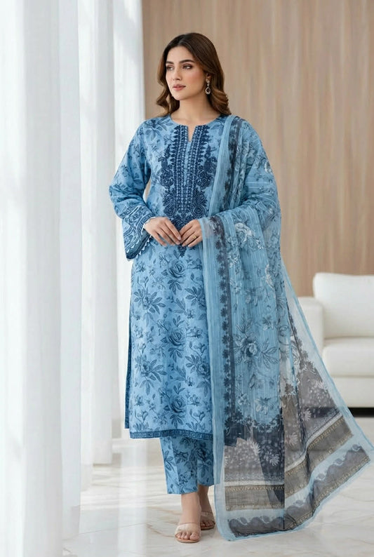 EDEN ROBE 03PC UNSTITCH SUIT / BLUE