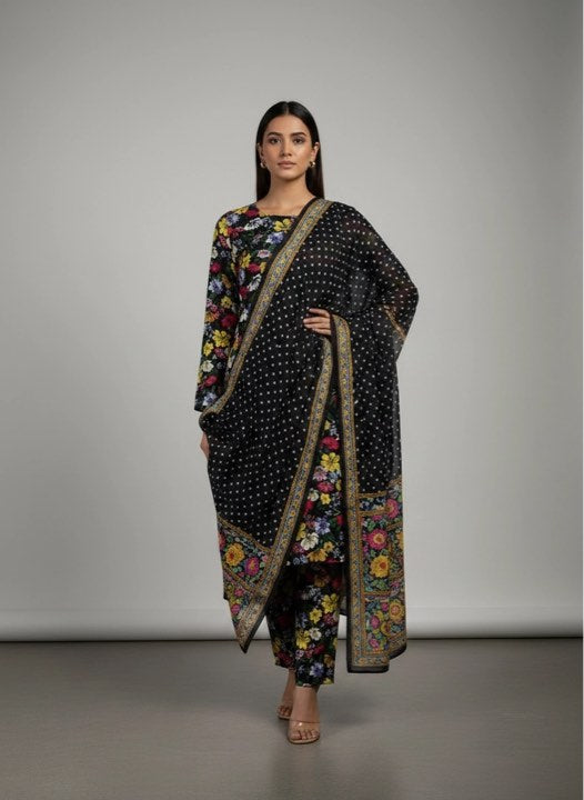 BAROQUE 03 PC UNSTITCH SUIT / BLACK