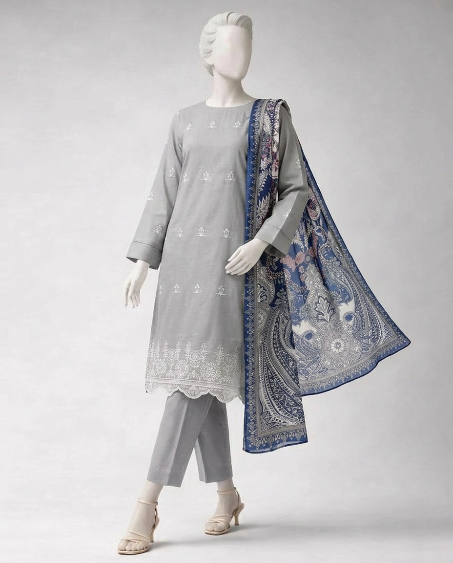 J. LAWN CHIKINKARI 03 PC UNSTITCH SUIT / GREY