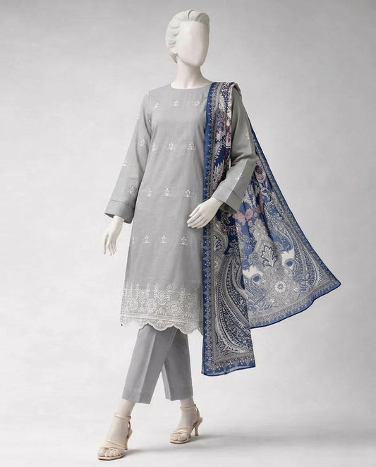 J. LAWN CHIKINKARI 03 PC UNSTITCH SUIT / GREY