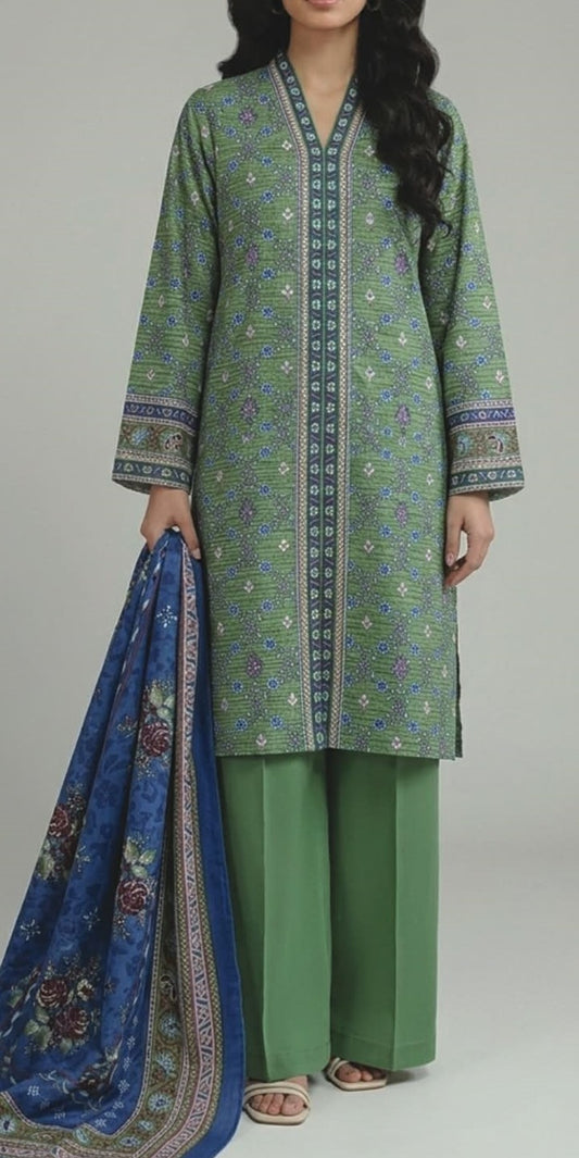 KHAADI 03 PC UNSTITCH SUIT / GREEN