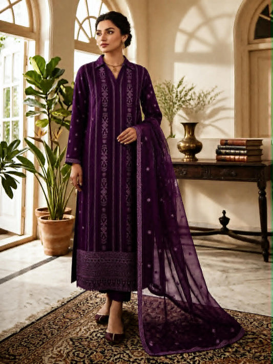 AL KARAM 03 PC UNSTITCH EMBRO / PURPLE