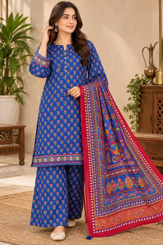 KHAADI 03 PC STITCH FANCY HAND EMBELISHED 3D VISCOUSE with multi floral shawl