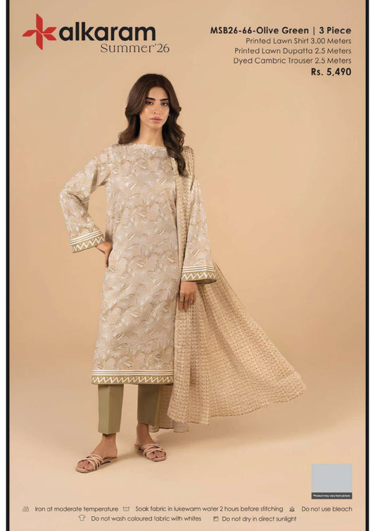 AL KARAM 03 PC UNSTITCH SUIT / OLIVE GREEN -66