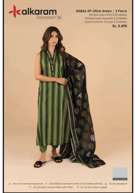 AL KARAM 03 PC UNSTITCH SUIT / GREEN -09