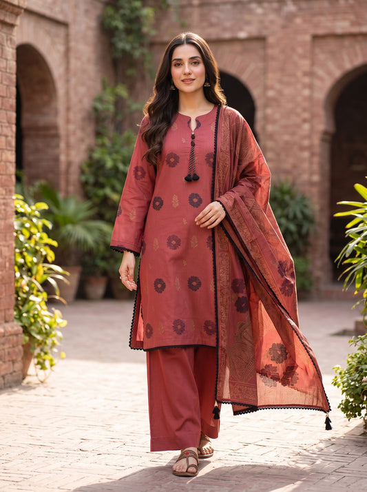 KHAADI 03 PC STITCH FANCY HAND EMBELISHED 3D JAQUARD RUST LAWN