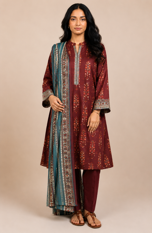 al karam 03 pc unstitch suit /maroon -27