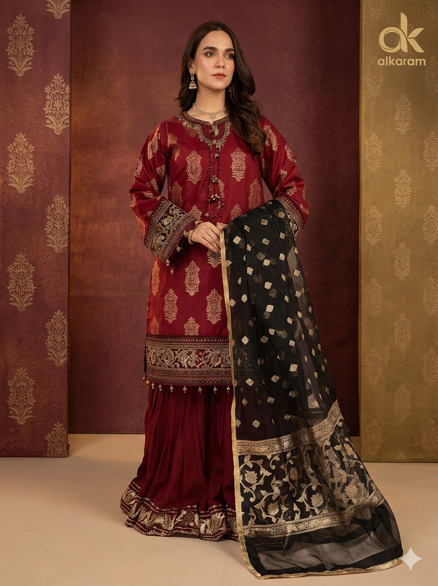 AL KARAM 03PC UNSTITCH EMB/ JACQUARD F3-19H-25-MAROON