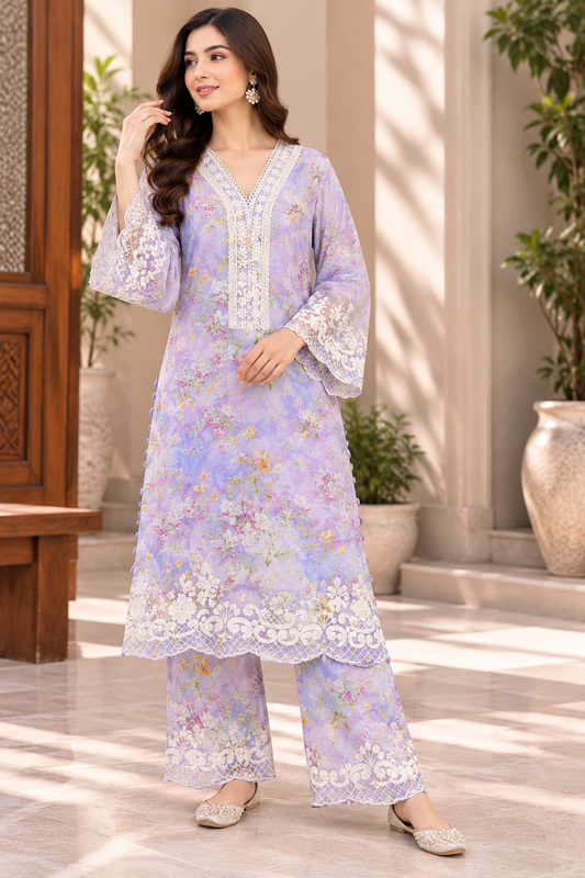 Dhanak 2PC stitched lawn formal suit 2556 with floral heavy embroidery