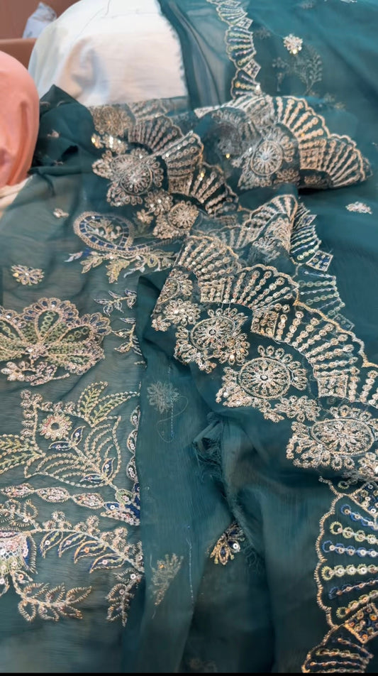 BONANZA SATRANGI 3PC UNSTITCH BRIDAL HEAVY EMB SHIFOON