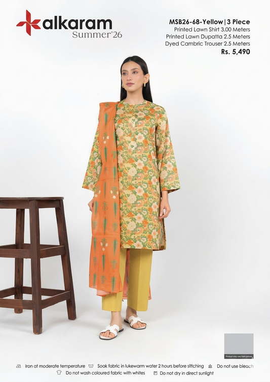 AL KARAM 03 PC UNSTITCH SUIT / YELLOW -68