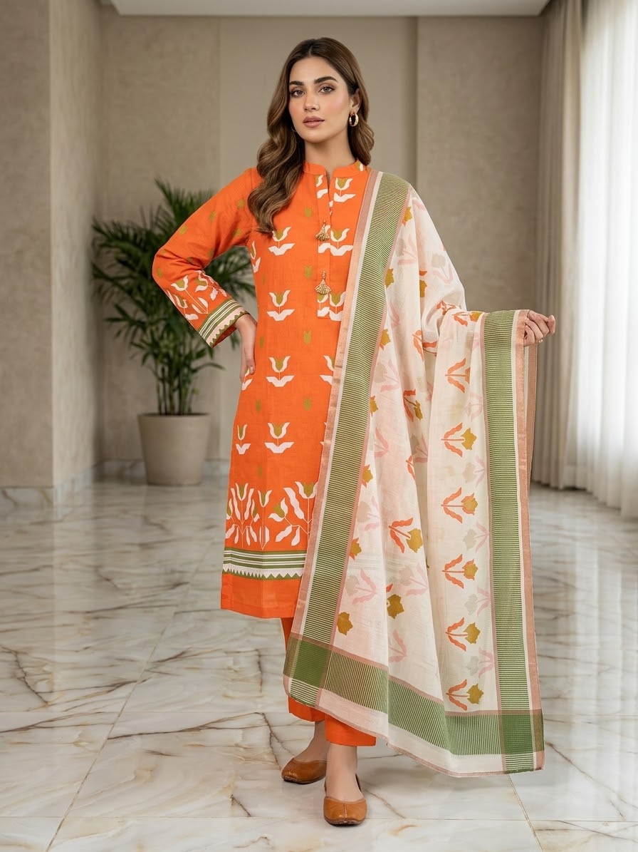 ALKARAM 03 PC STITCH SUIT / ORANGE