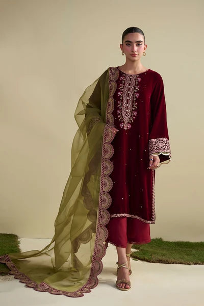 DHANAK 3PC STITCH VALVET HEAVY EMB BRIDAL SUIT