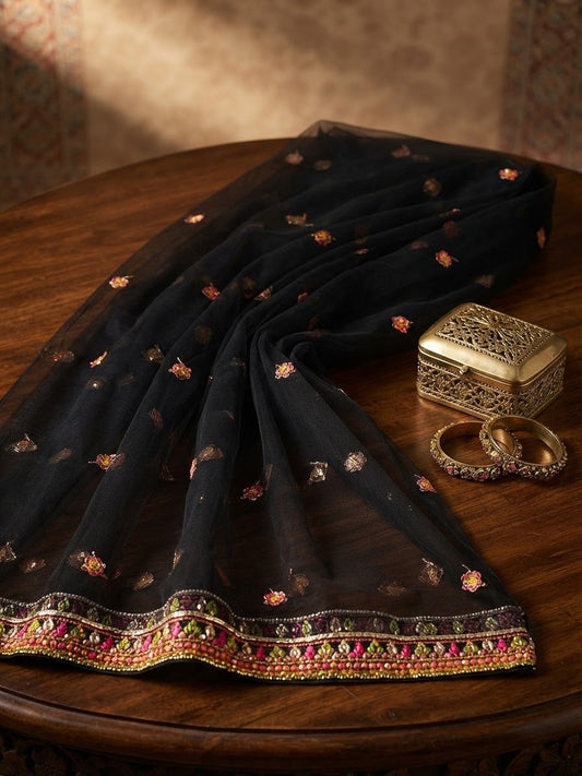 BONANAZA BLACK DUPPATA HEAVY EMB 1PC UNSTITCH