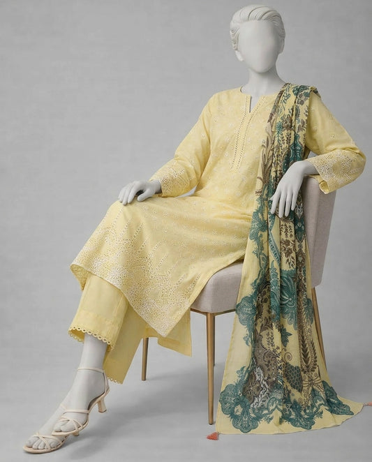 J. 03PC UNSTITCH LAWN CHIKENKARI/YELLOW