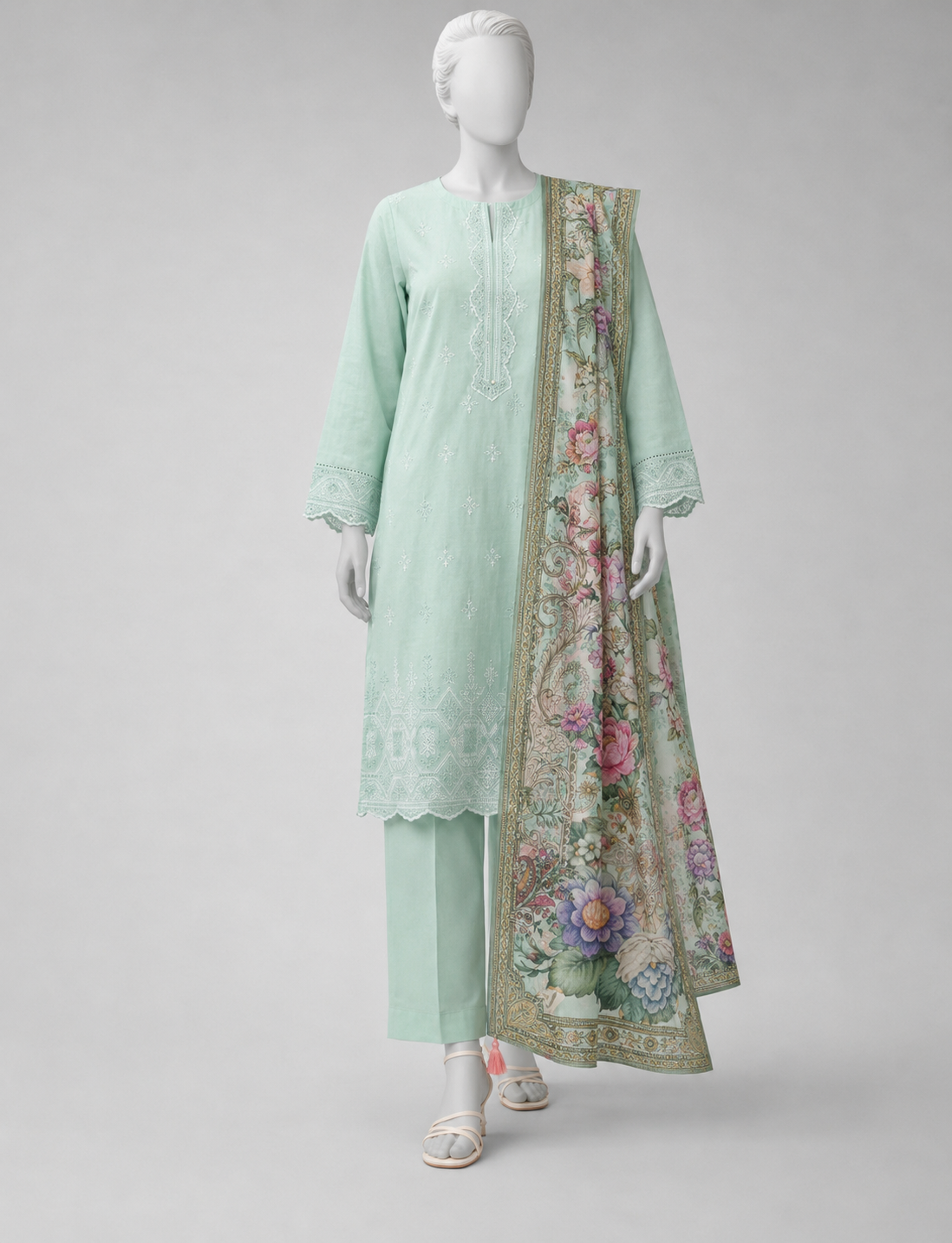 J. 03PC UNSTITCH LAWN CHIKENKARI/MISTY TEAL