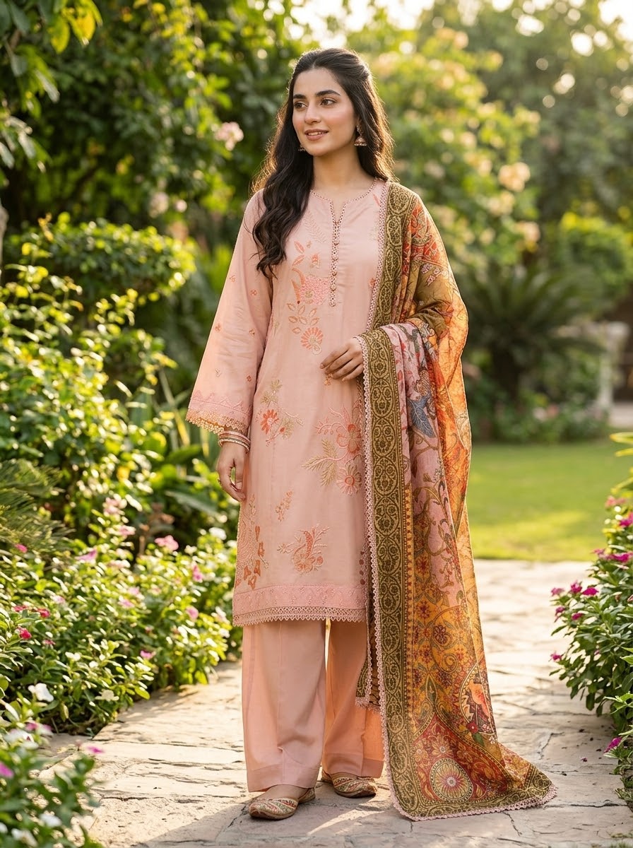 BONANZA SATRANGI 3PC  lawn luxury STITCH chicken Kari HEAVY FORMAL EMB