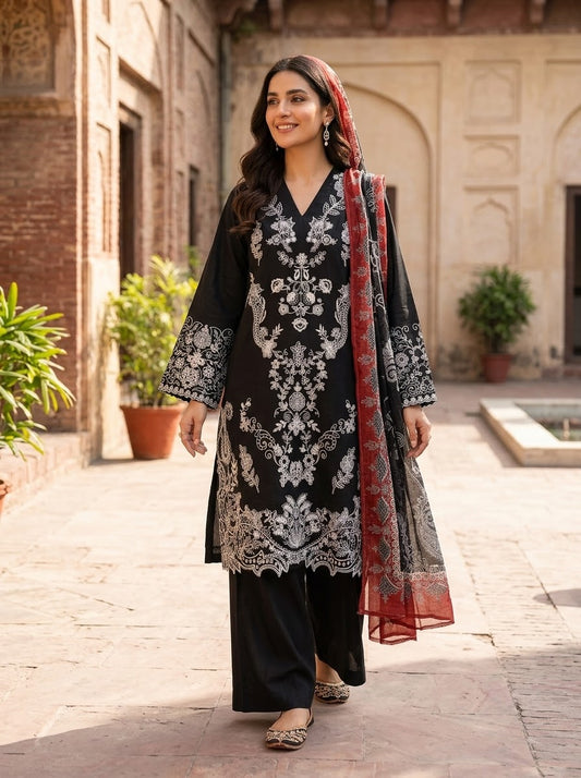 KHAADI khaas 03 PC STITCH formal Heavy emb lawn with fancy shawl